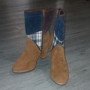Muk Luks Nola brown suede vegan boho patchwork heeled boots Sz 10 NWOT